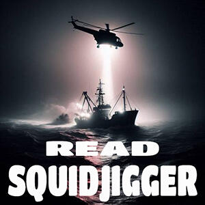 A helicopter hovers over a storm-tossed ship at night