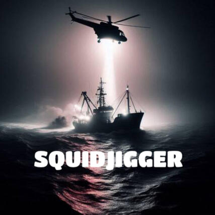 A helicopter hovers over a ship in rough seas at night